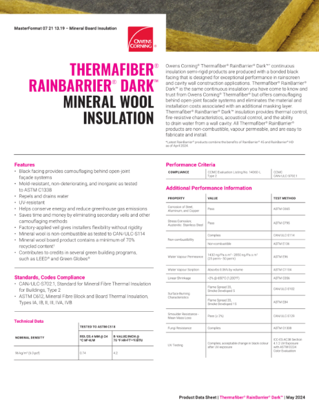 Thermafiber RainBarrier  Dark Mineral Wool Insulation Data Sheet
