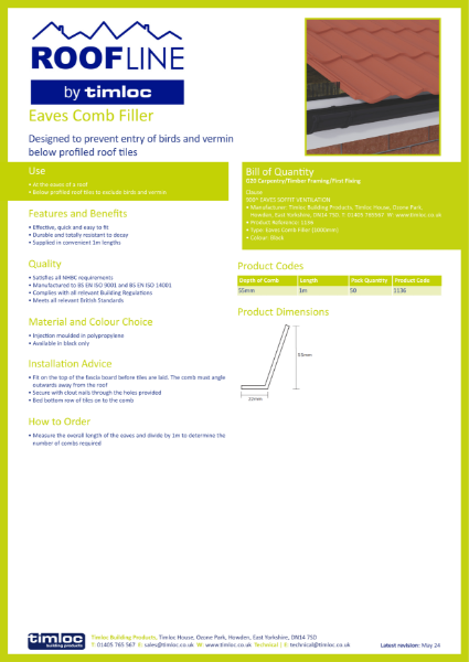 Timloc Building Products Eaves Comb Filler Datasheet