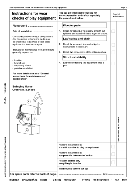 Timberplay Animals - Swinging Horse - Maintenance Instructions