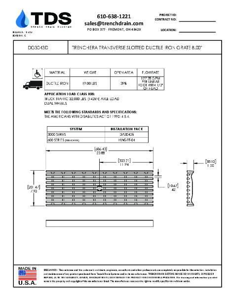 Trench•Era Transverse Slotted Ductile Iron Grate 8.00" H20 - DG3043D