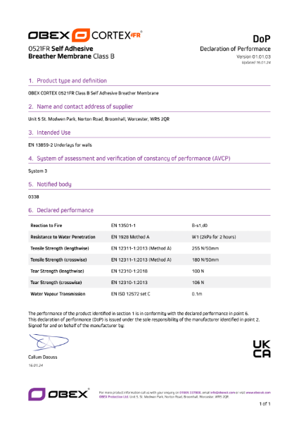 OBEX CORTEX 0521FR Class B Self-Adhesive Breather Membrane - W1 - DoP