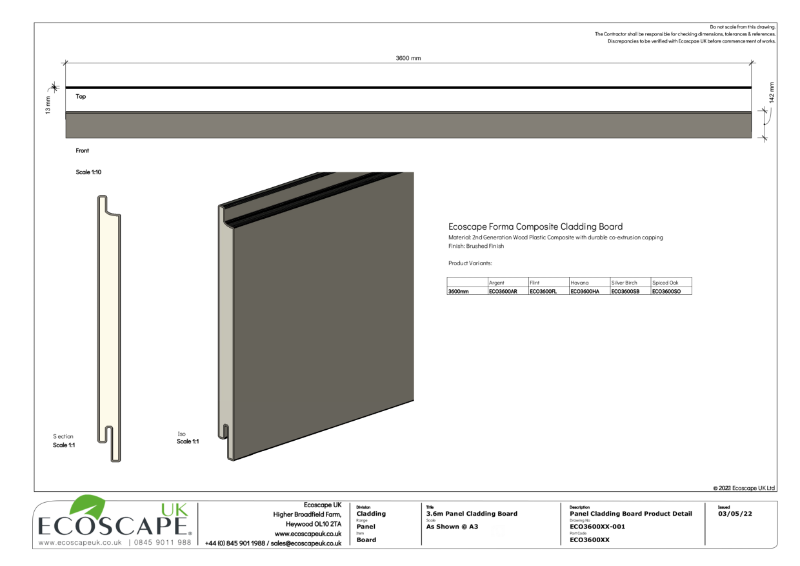 ECO3600XX-001 3600 x 142 x 13mm Forma Panel Cladding Board Product Detail