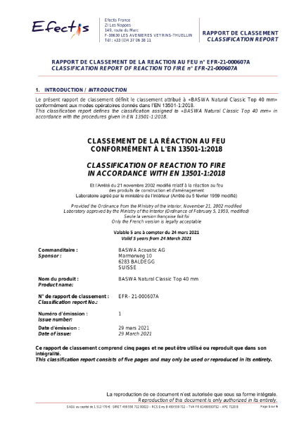 Classification of reaction to fire - BASWA Natural Classic Top 