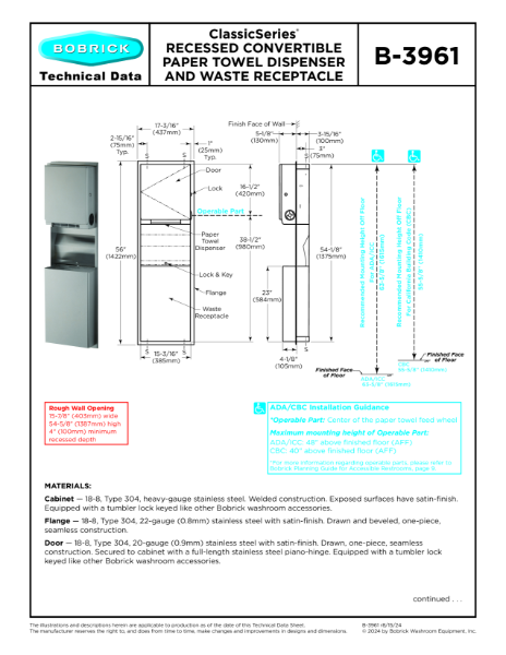 ClassicSeries® Recessed Convertible Paper Towel Dispenser and Waste Receptacle - B-3961