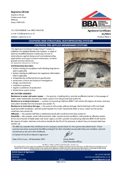 COLPHENE PRE-APPLIED MEMBRANE SYSTEMS - A range of polymer-modified bitumen membranes for use in externally pre-applied damp proof and waterproofing applications and as gas-resistant membranes, in below-ground concrete structures.