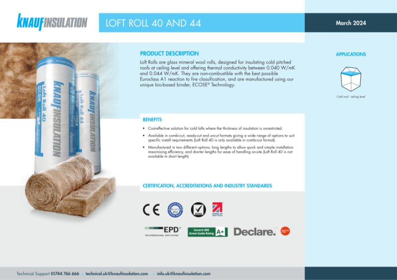Knauf Insulation Loft Rolls - Product Datasheet