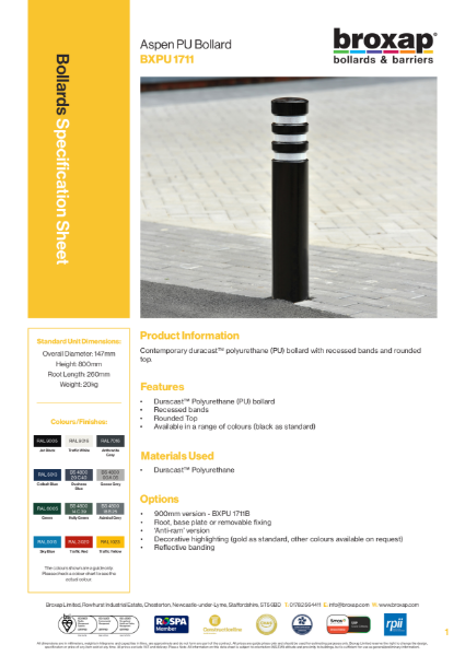 Polyurethane Aspen Bollard Specification Sheet