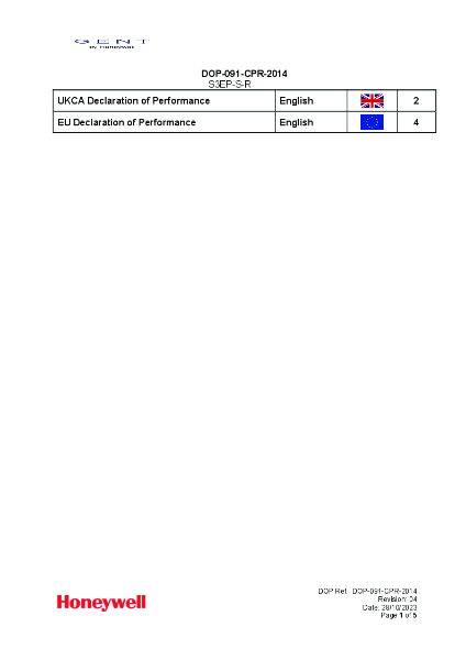 Honeywell Gent S3EP-S-R EN554 Declaration of Performance
