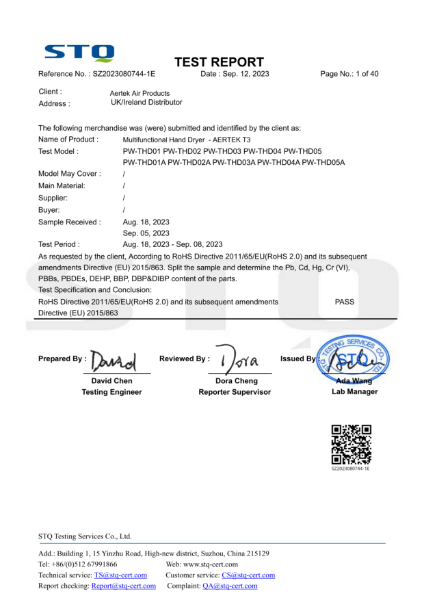 Aertek T3 - RoHS Directive Test Report