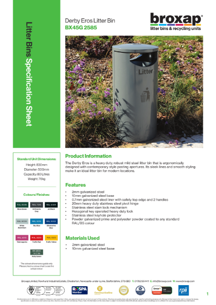 Derby Eros Litter Bin Specification Sheet