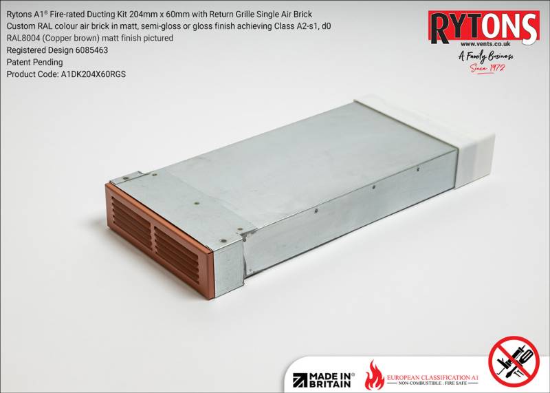 Rytons A1® Fire-rated Straight Ducting Kit 204 x 60 mm with Single Air Brick
