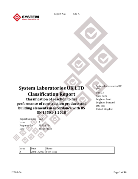 EN 13501-1 2018 PVDF 47μm Luxe Clad A1 Classification Report 522A