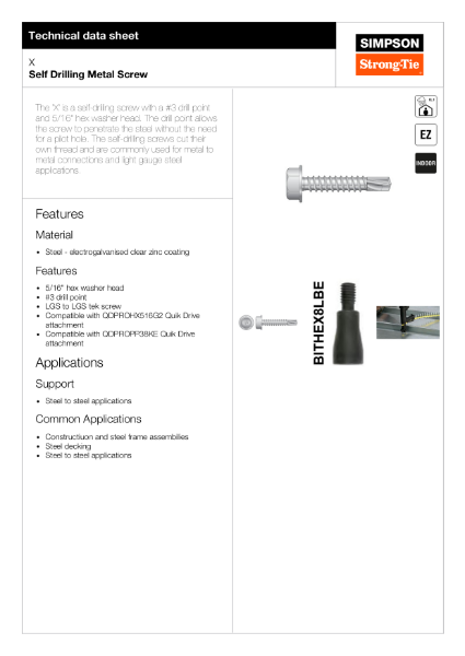 X1S1214: Self Drilling Metal Screw Technical Data Sheet
