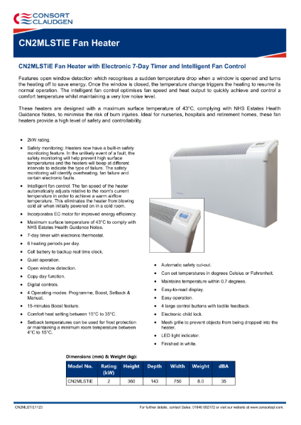 CN2MLSTiE wall mounted fan heater data sheet