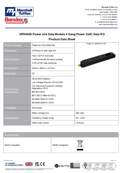 UPD4020 Power and Data Module 4 Gang Power 2x6C Data KO 
Product Data Sheet