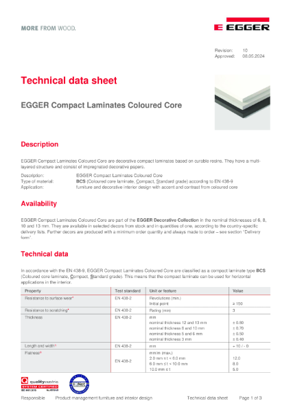 Technical Datasheet - Compact Laminate Coloured Core