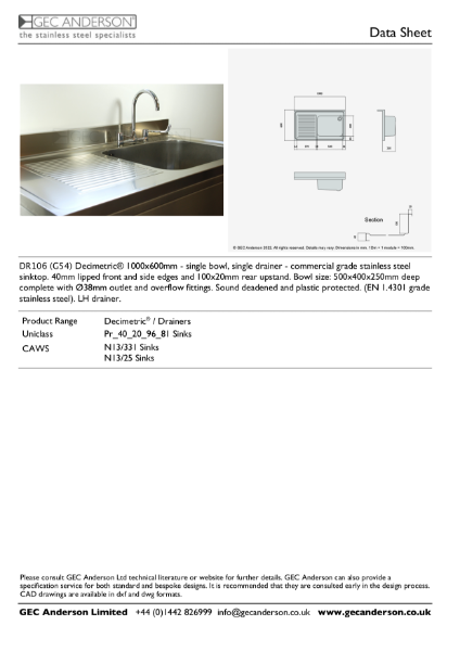 GEC Anderson Data Sheet - DR106 (G54)L Single Bowl With Drainer