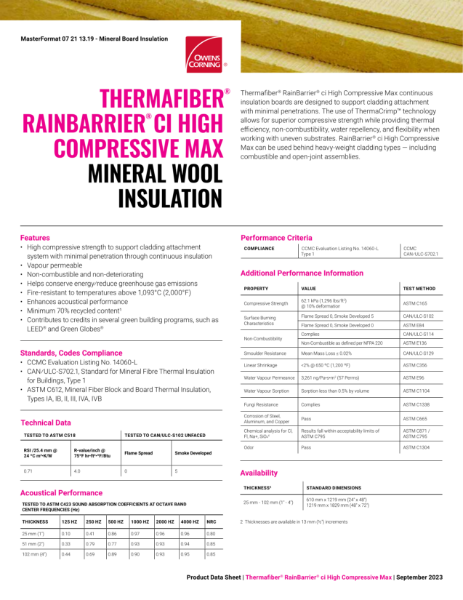 Thermafiber RainBarrier CI High Compressive Max Mineral Wool Insulation Data Sheet