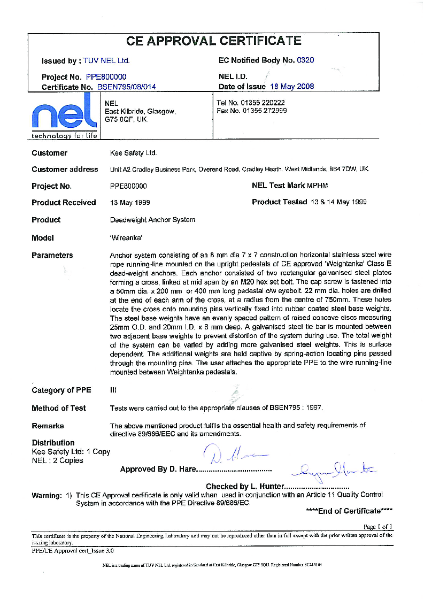 CE Approval Certificate - Deadweight Anchor System (Wireanka)