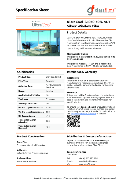 UltraCool-S6060 60% VLT Silver Window Film Specification Sheet