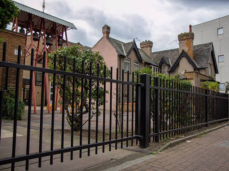 Metal railings protect church