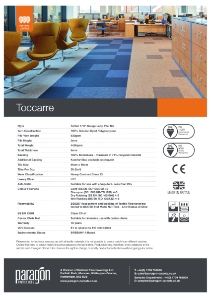 Paragon Carpet Tiles - Toccarre - Specification Information