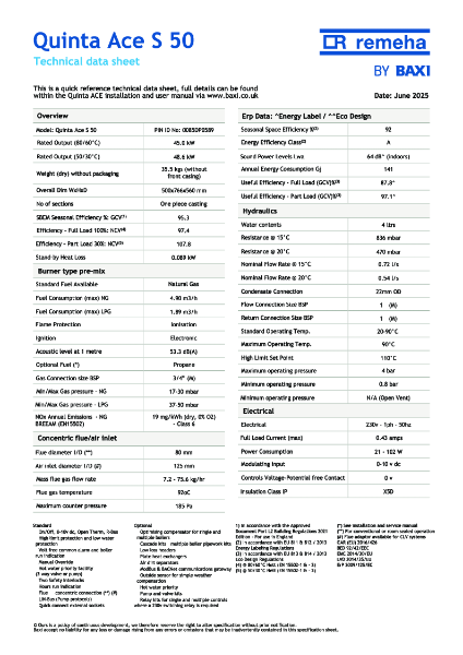 Baxi Quinta Ace S 50 - Technical Specification