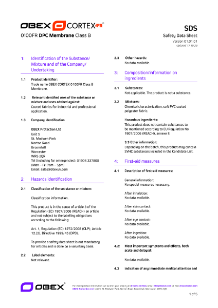 OBEX CORTEX 0100FR Class B DPC/DPM Membrane - SDS