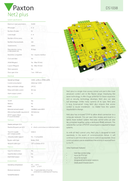 Net2 Plus 12v 2A PSU, Plastic Cabinet - data sheet