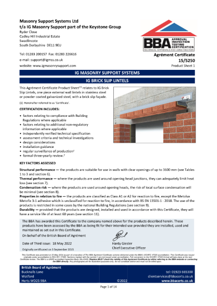 BBA Product Certification - IG Brick Slip Lintels 
