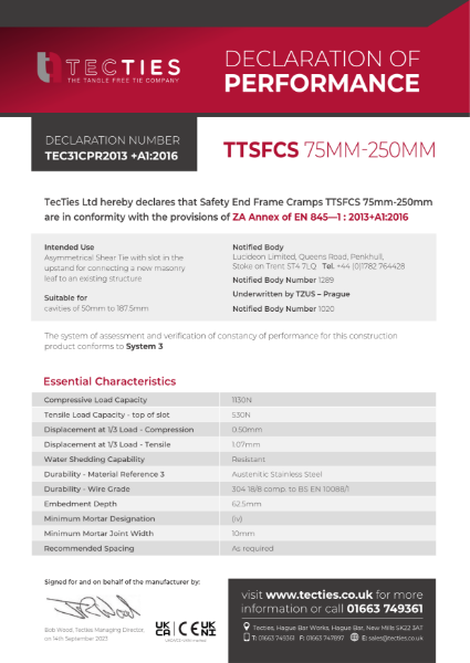 Safety End Frame Cramps TTSFCS 75mm - 250mm - DoP