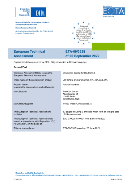 European Technical Assessment Jordahl Anchor Channels JTA & JXA  - ETA-09/0338