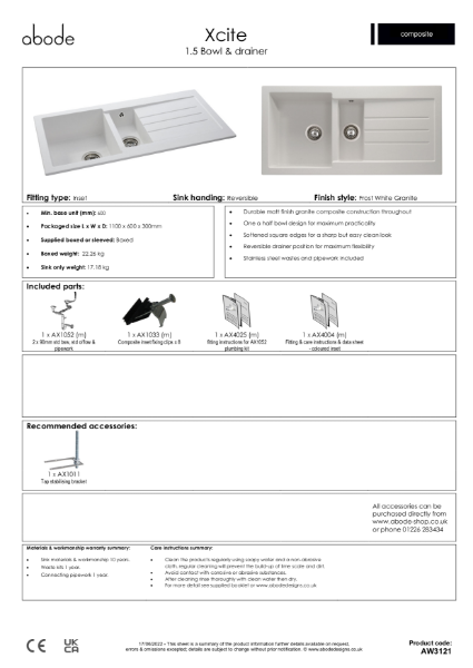 AW3121. Xcite Granite Inset Sink, 1.5 Bowl (Grey Metallic) -  Consumer Spec