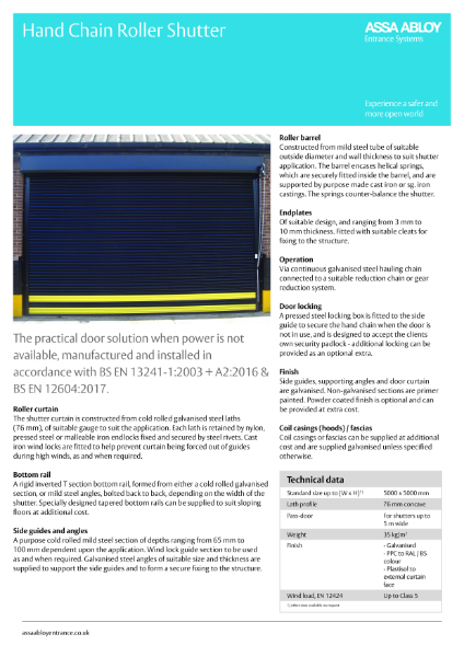 ASSA ABLOY Hand Chain Roller Shutter Product Leaflet