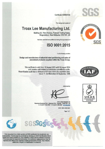 Troax Lee Mfg. Ltd ISO 9001.2015 UKAS Certificate 18.08.2021 to 18.08.2024