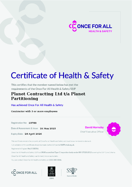 Once For All Certificate of Health & Safety Accreditation