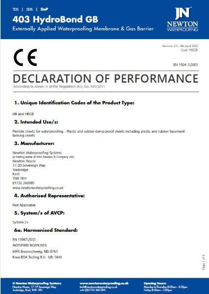 Newton HydroBond 403 GB – Declaration of Performance