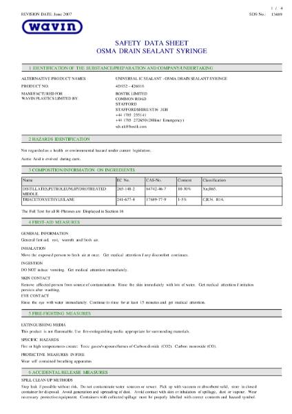 MSDS - OSMA Silicone Sealant Syringe