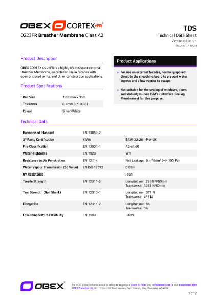 OBEX CORTEX 0223FR Class A2 Breather Membrane W1 - TDS