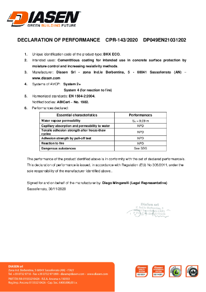 Diasen BKK Eco Declaration of Performance (DOP) EN 1504-2 (CE)