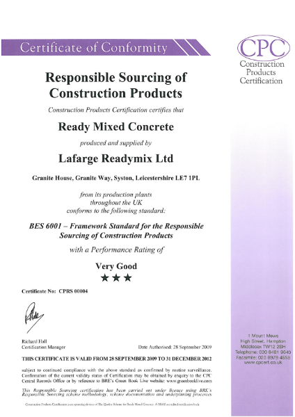 Certificate of Conformity: Responsible Sourcing of Construction Products