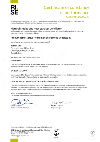 Certificate of Constancy of Performance – Roof Single Leaf (RSL-R)