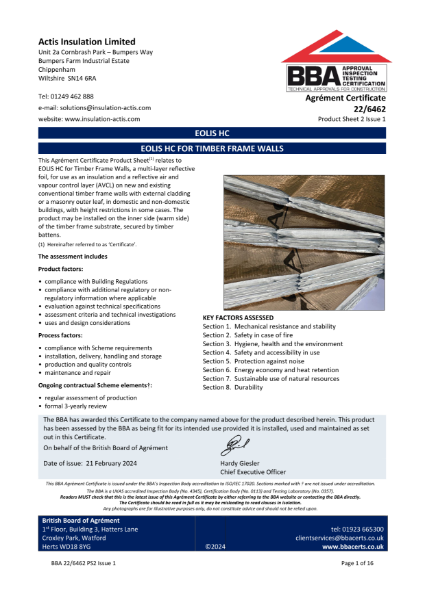 BBA certificate - Eolis HC - PS2 - Timber Frame Walls