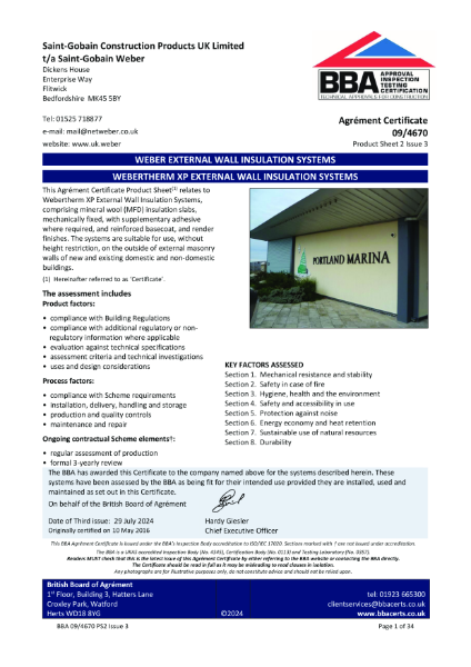 BBA Agrément Certificate (09/4670) Product Sheet 2 (webertherm XP with MFD insulation)