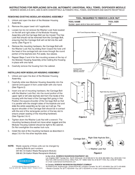 Instructions for replacing 3974-250, automatic universal roll towel dispenser module - Bobrick models B-3974, and B-3979 convertible automatic roll towel dispenser and waste receptacle
