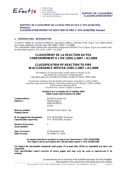 Classification of reaction to fire - BASWA Phon Classic Top 