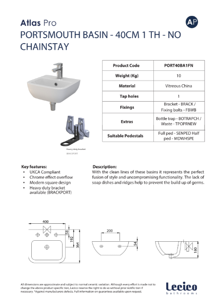 Atlas Pro Portsmouth Basin - 40cm 1 Th - No Chainstay Data Sheet