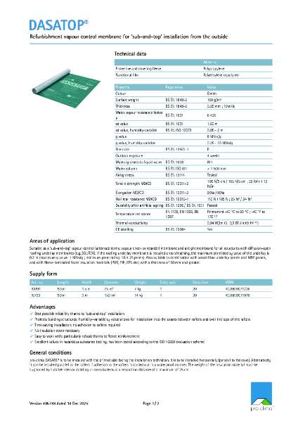 Pro Clima Dasatop Technical Datasheet