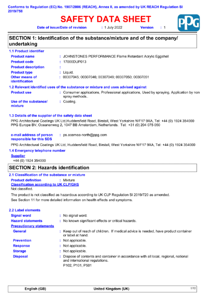 Flame Retardant Intumescent Upgrade System - Acrylic Eggshell: Safety Datasheet