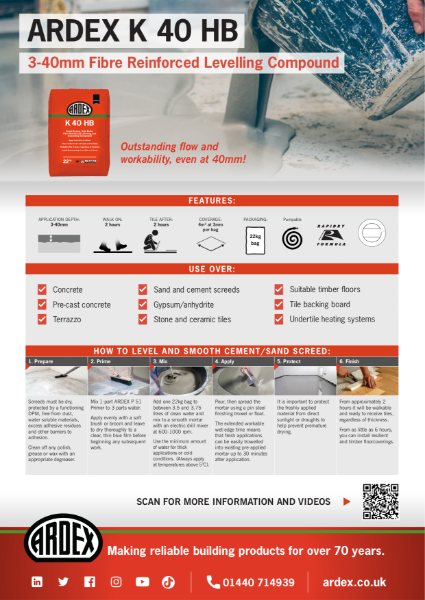 ARDEX K 40 HB 3-40mm Fibre Reinforced Levelling Compound Infosheet